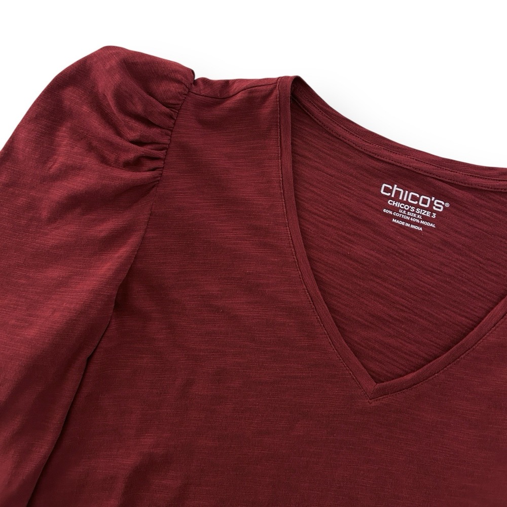 Chico's Women XL Paprika Brown 3/4 Puff Sleeve Cotton Slub Romantic Tee Top NWT - Picture 5 of 11